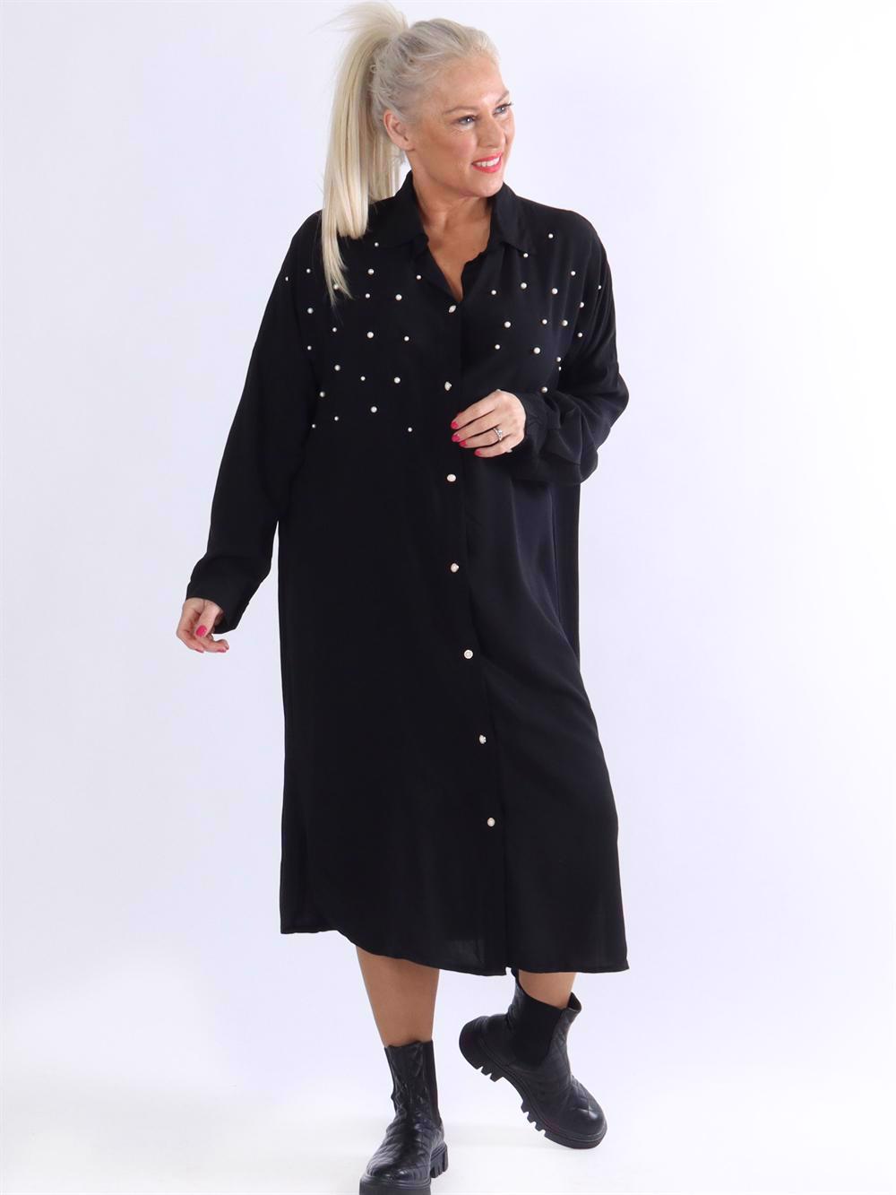 Jules - Lång skjortklänning med vita pärlor